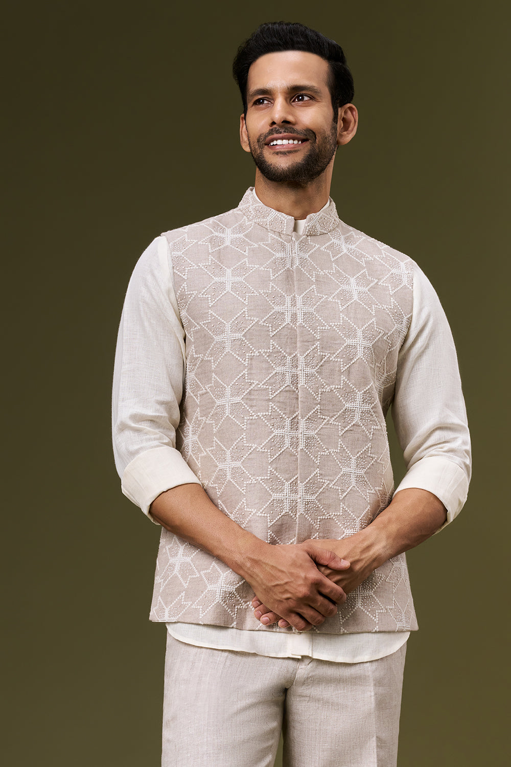 Ivory Beige Cotton Bundi Set with Thread and Bead Work