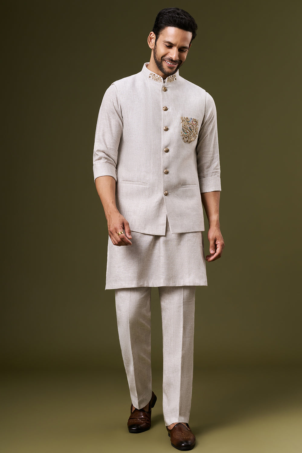 Ivory Beige Linen Bundi Set with Zardosi Embroidered Pocket Detailing
