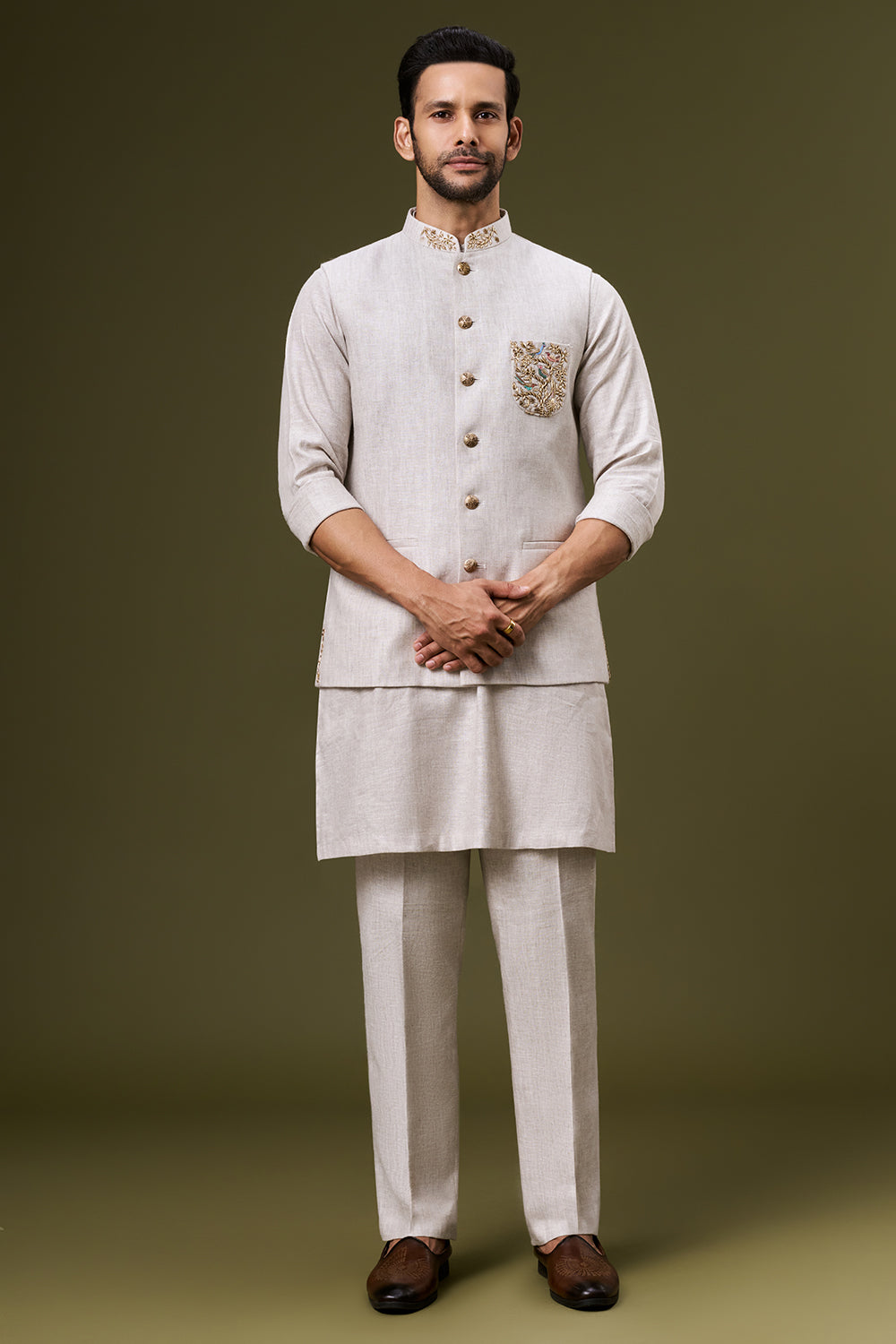 Ivory Beige Linen Bundi Set with Zardosi Embroidered Pocket Detailing