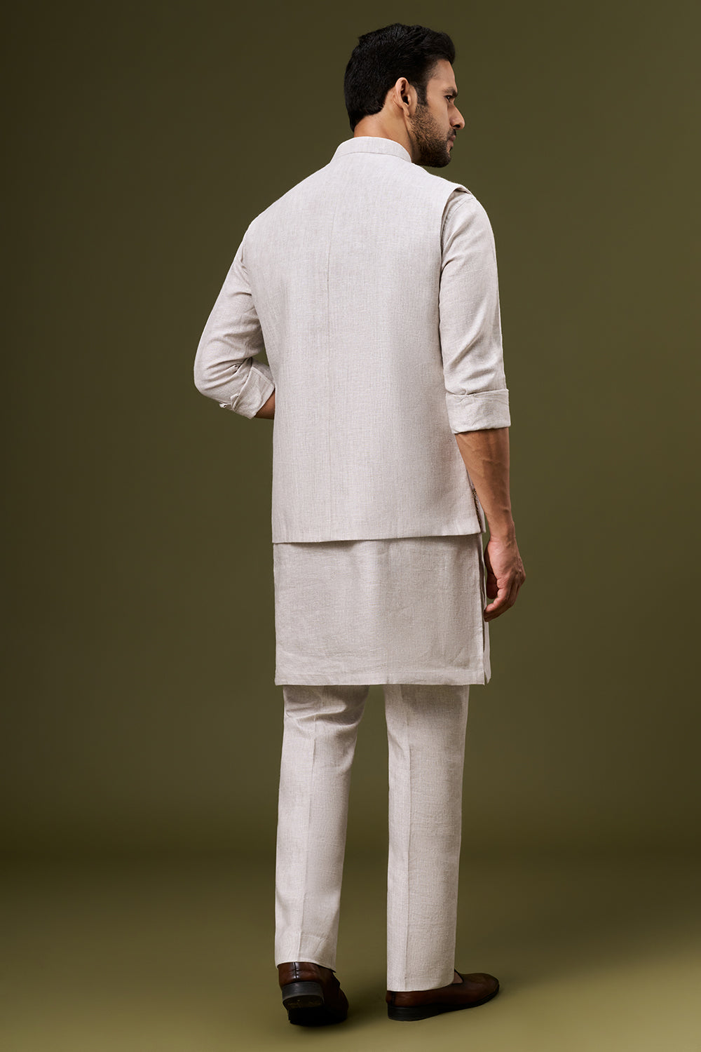 Ivory Beige Linen Bundi Set with Zardosi Embroidered Pocket Detailing