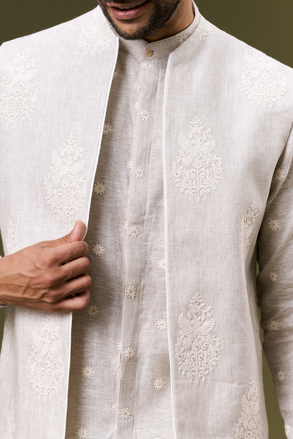 Ivory Beige Linen Embroidered Bundi Set with Thread Work