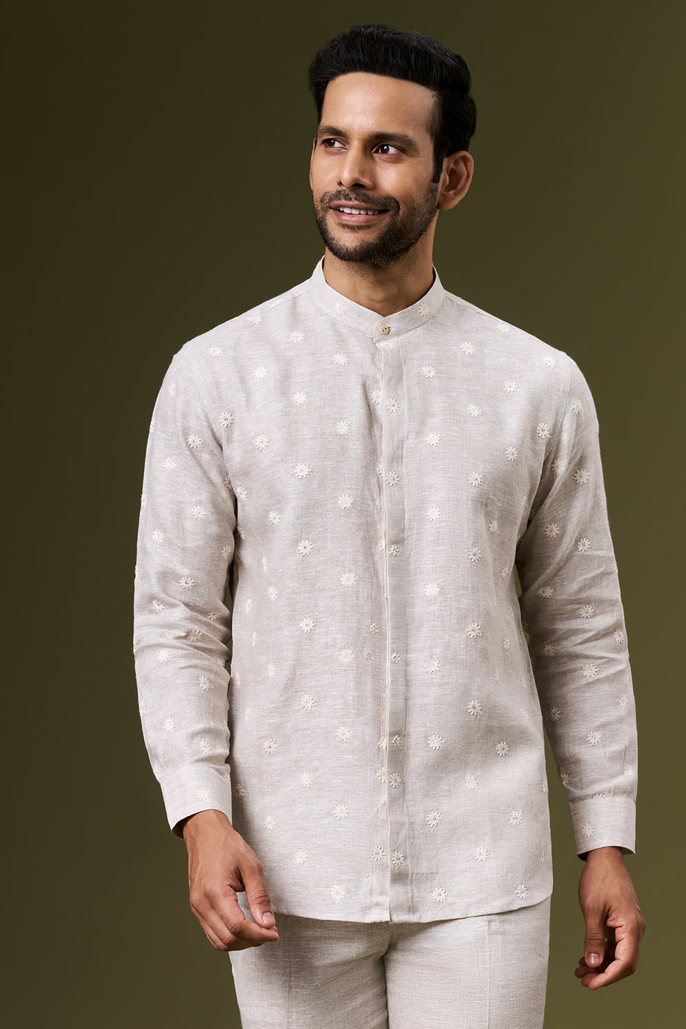 Ivory Beige Linen Embroidered Bundi Set with Thread Work