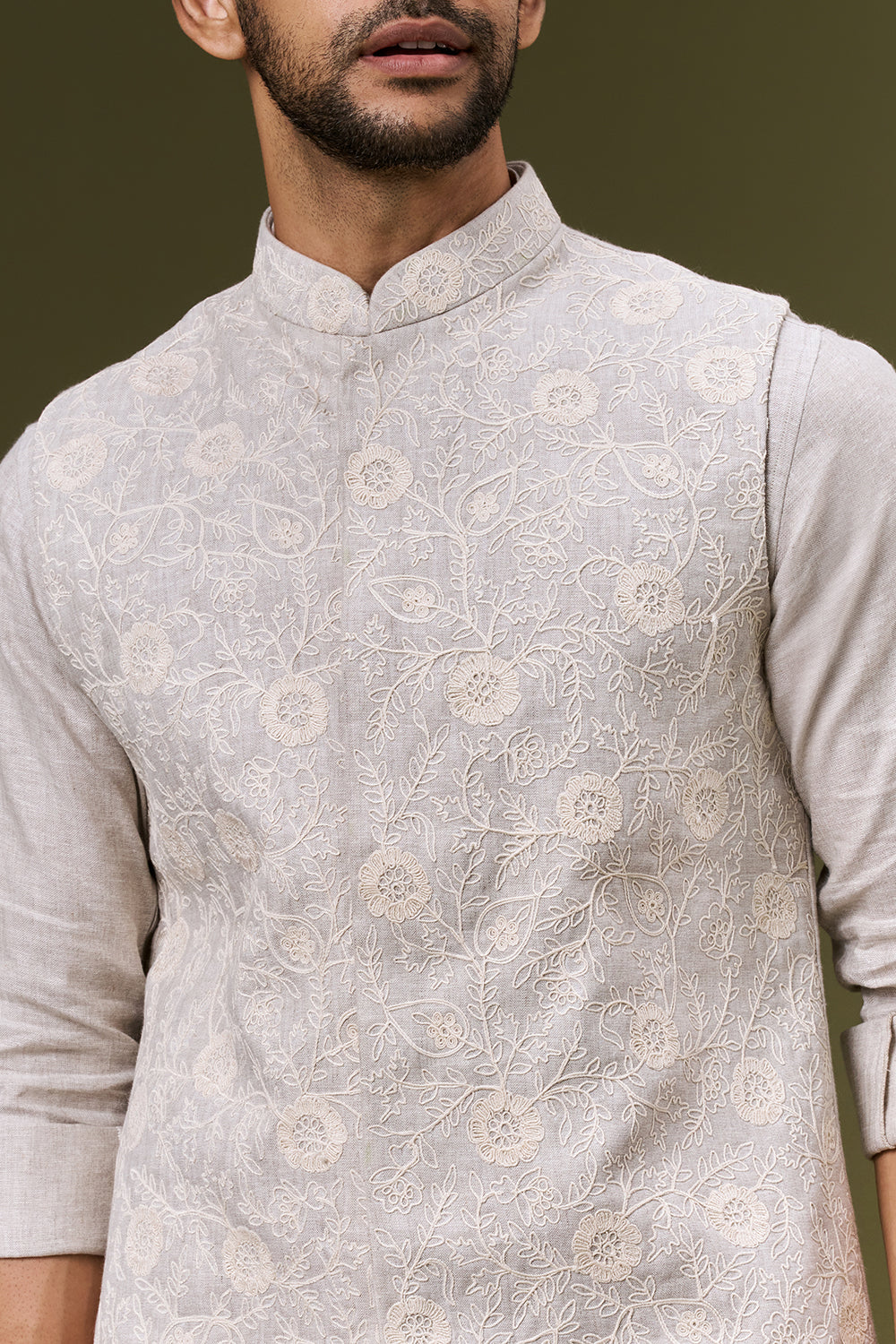 Ivory Beige Linen Floral Embroidered Bundi Set with Thread Work