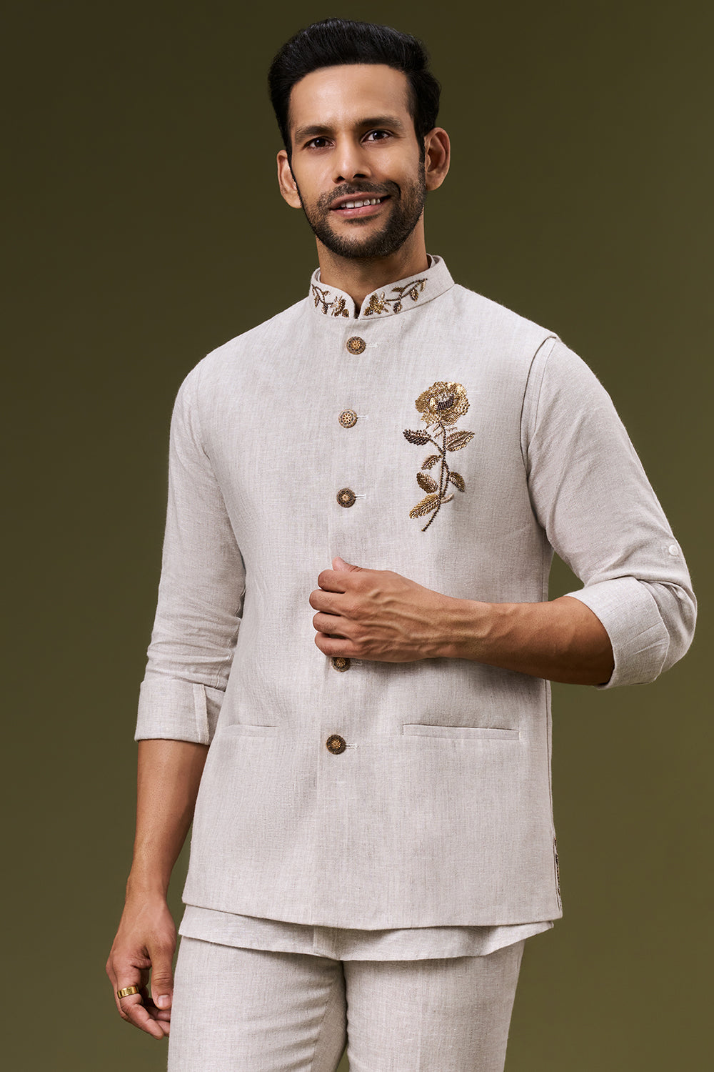 Ivory Beige Linen Rose Embroidered Bundi Set with Zardosi and Cut Dana Work