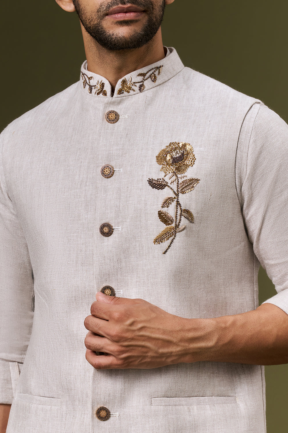 Ivory Beige Linen Rose Embroidered Bundi Set with Zardosi and Cut Dana Work