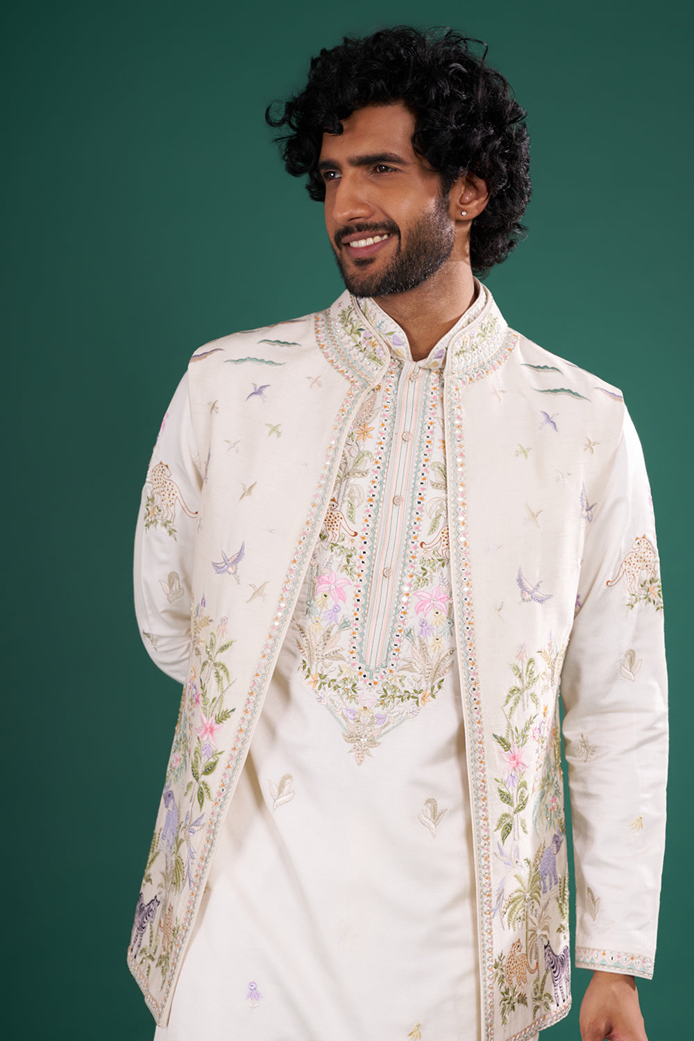Ivory Cream Embroidered Silk Blend Kurta Set with Open Jacket