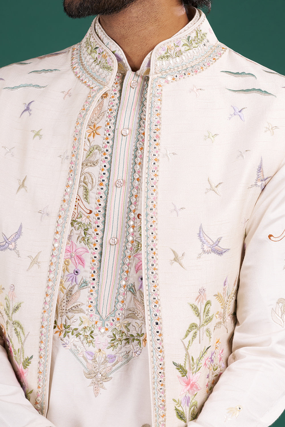 Ivory Cream Embroidered Silk Blend Kurta Set with Open Jacket