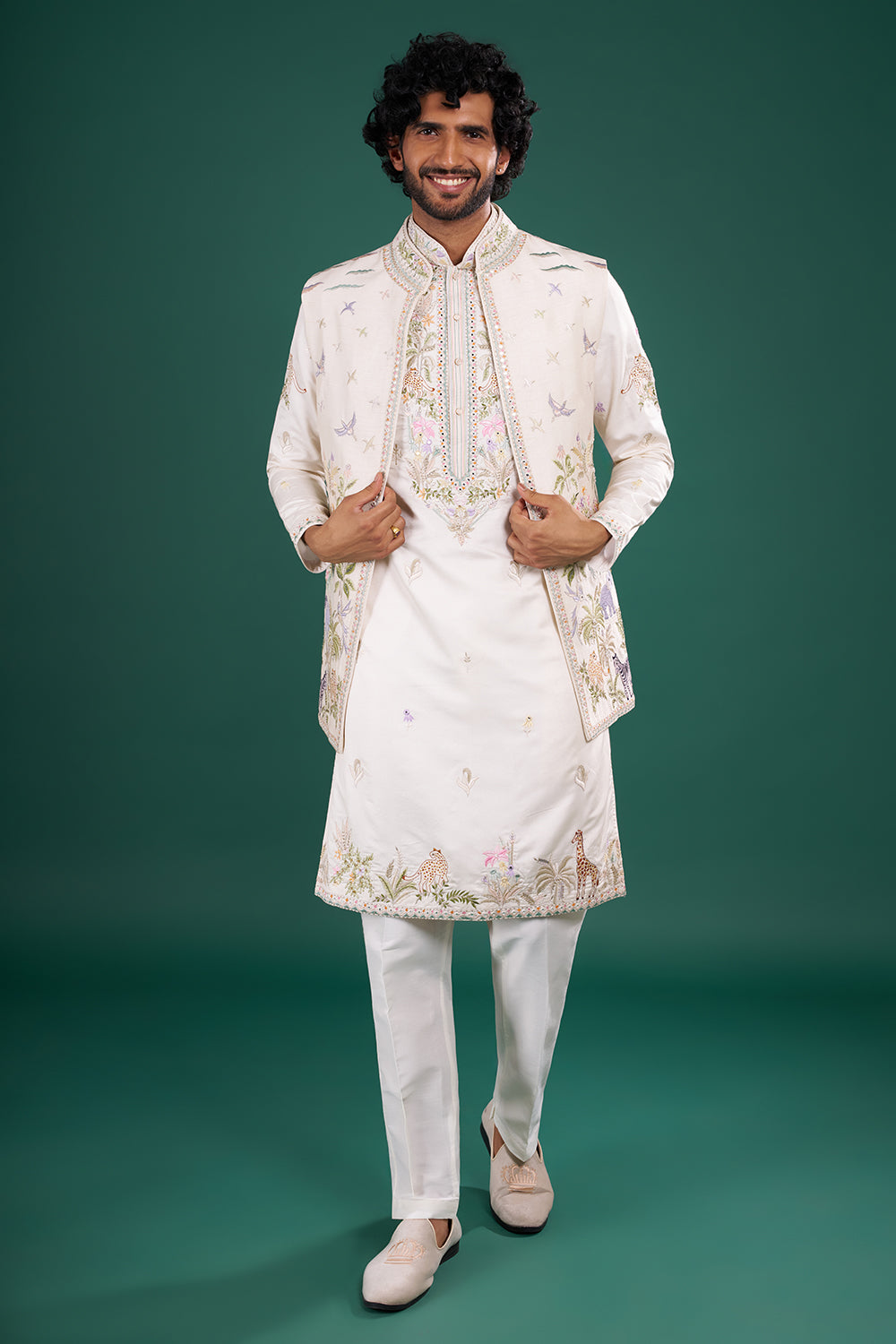 Ivory Cream Embroidered Silk Blend Kurta Set with Open Jacket