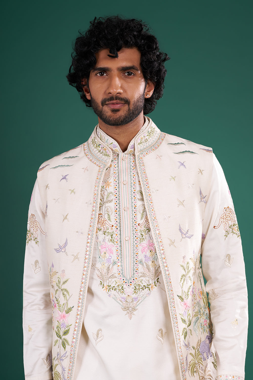 Ivory Cream Embroidered Silk Blend Kurta Set with Open Jacket