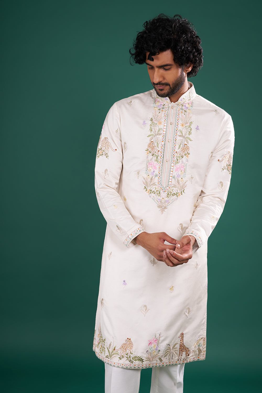 Ivory Cream Embroidered Silk Blend Kurta Set with Open Jacket