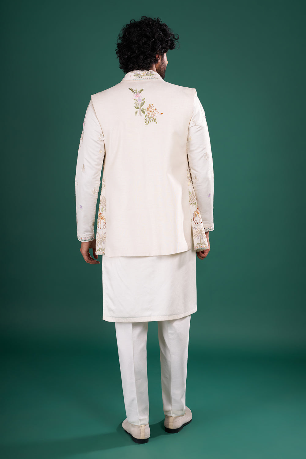 Ivory Cream Embroidered Silk Blend Kurta Set with Open Jacket