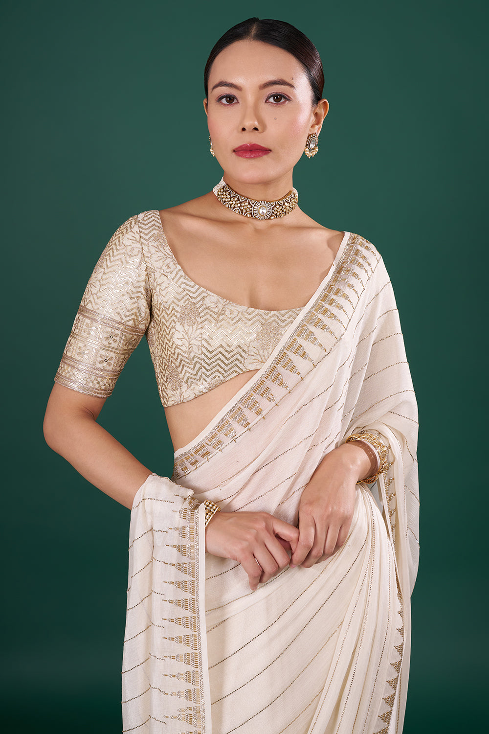 Ivory Georgette Saree with Cutdana Embroidery