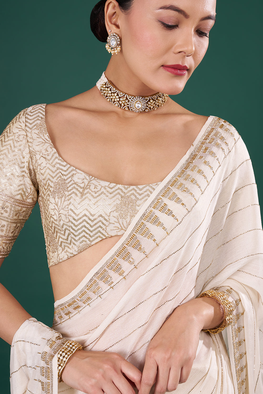 Ivory Georgette Saree with Cutdana Embroidery