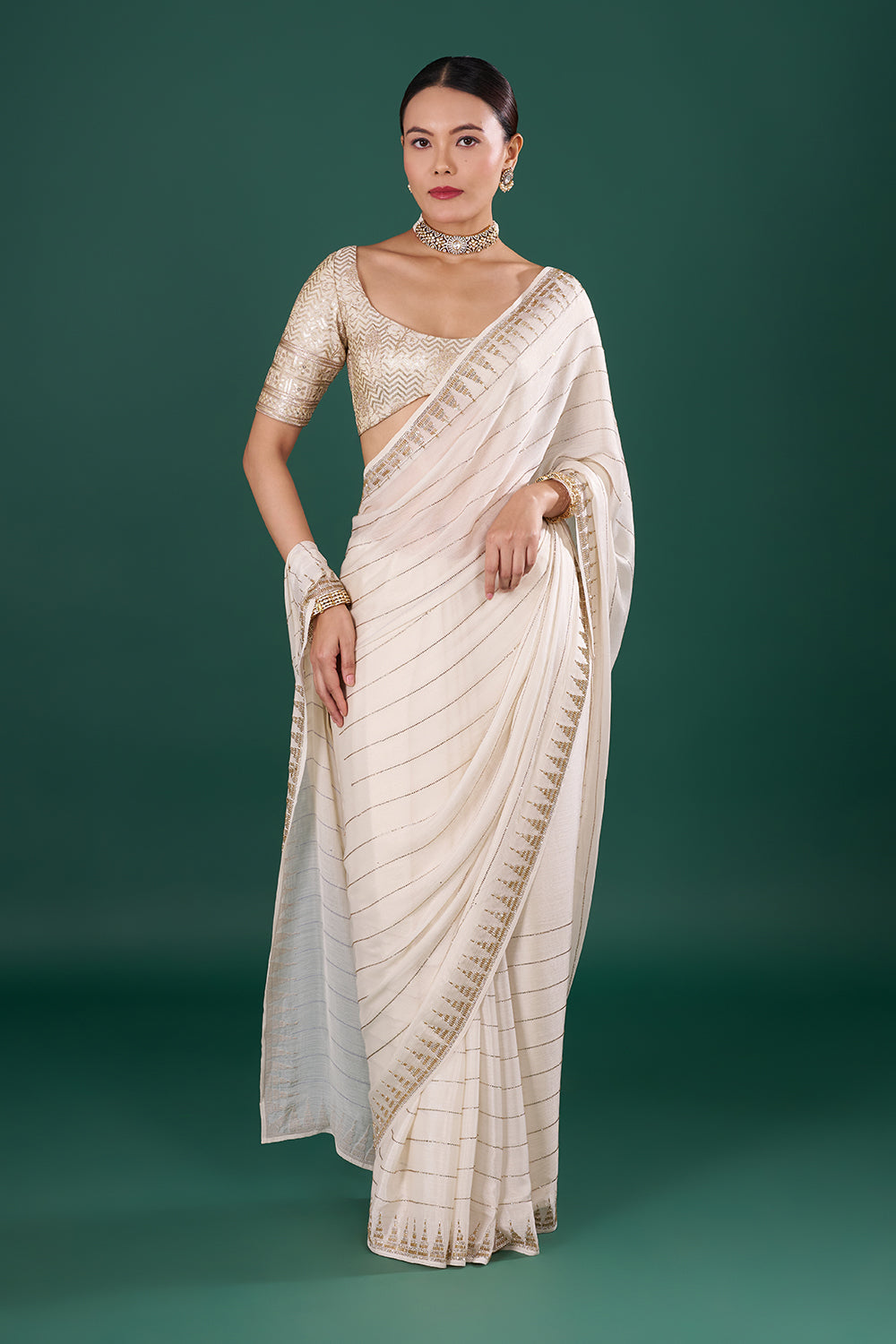 Ivory Georgette Saree with Cutdana Embroidery