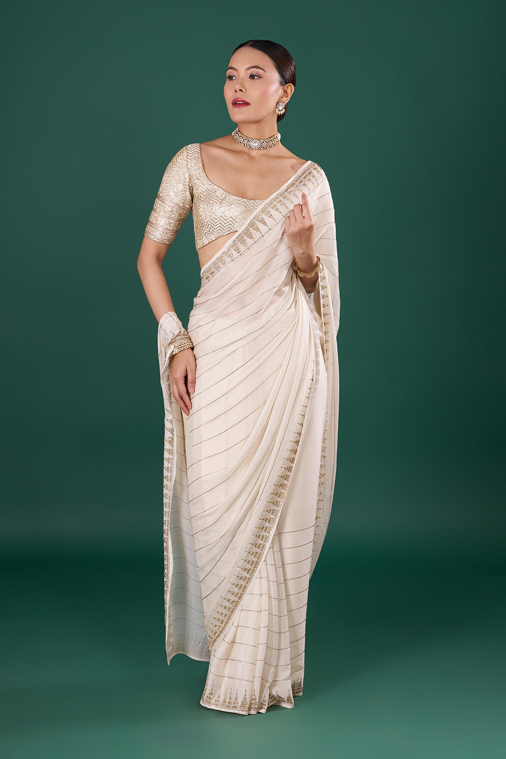 Ivory Georgette Saree with Cutdana Embroidery
