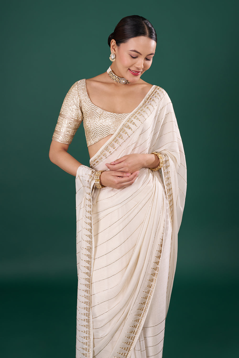 Ivory Georgette Saree with Cutdana Embroidery