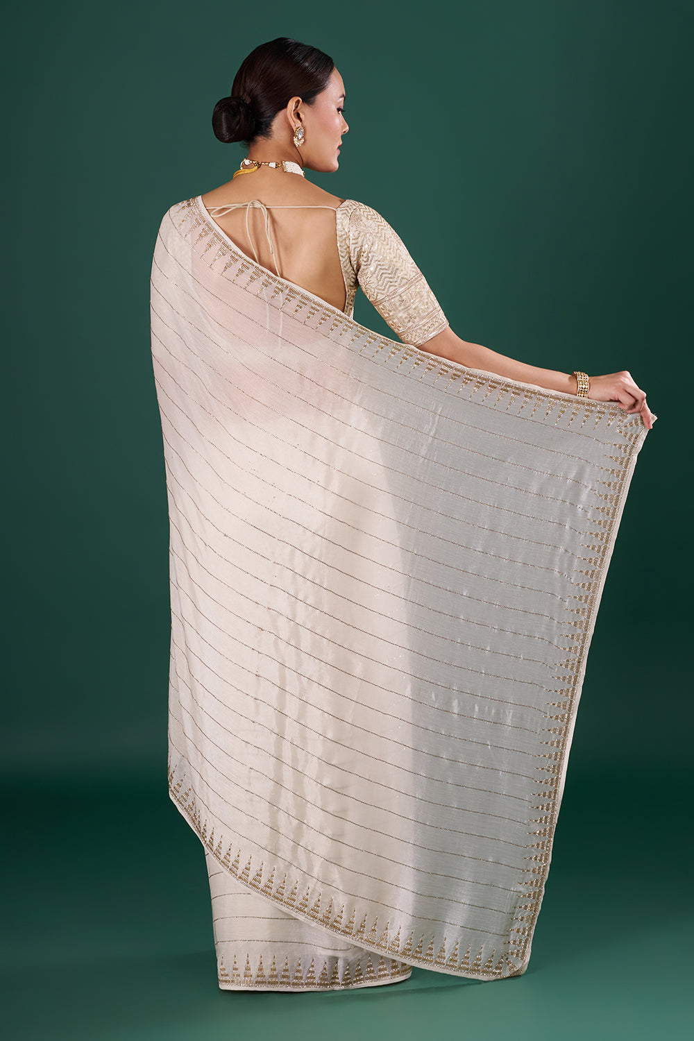Ivory Georgette Saree with Cutdana Embroidery