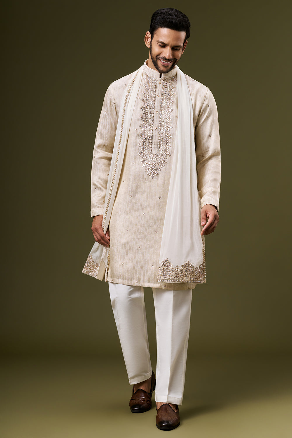 Ivory Gold Jacquard Mens Kurta Set with Abla and Foil Work