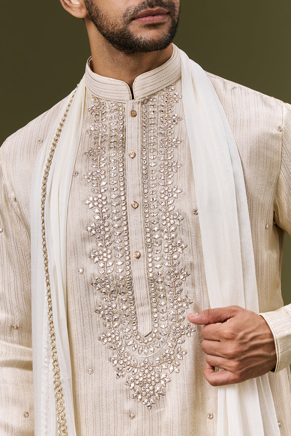 Ivory Gold Jacquard Mens Kurta Set with Abla and Foil Work