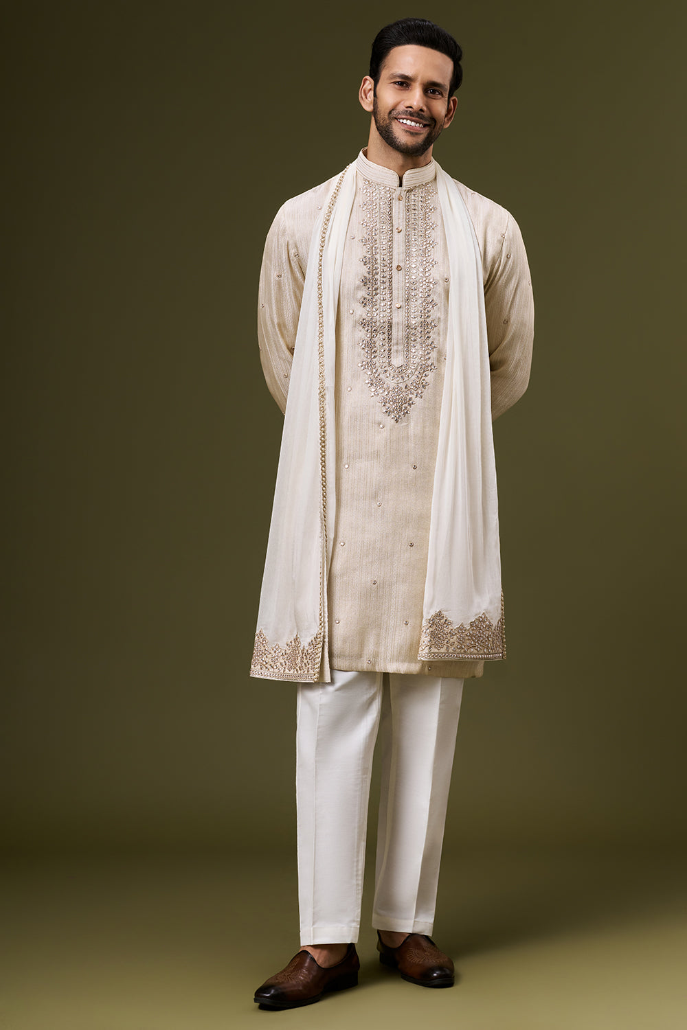 Ivory Gold Jacquard Mens Kurta Set with Abla and Foil Work