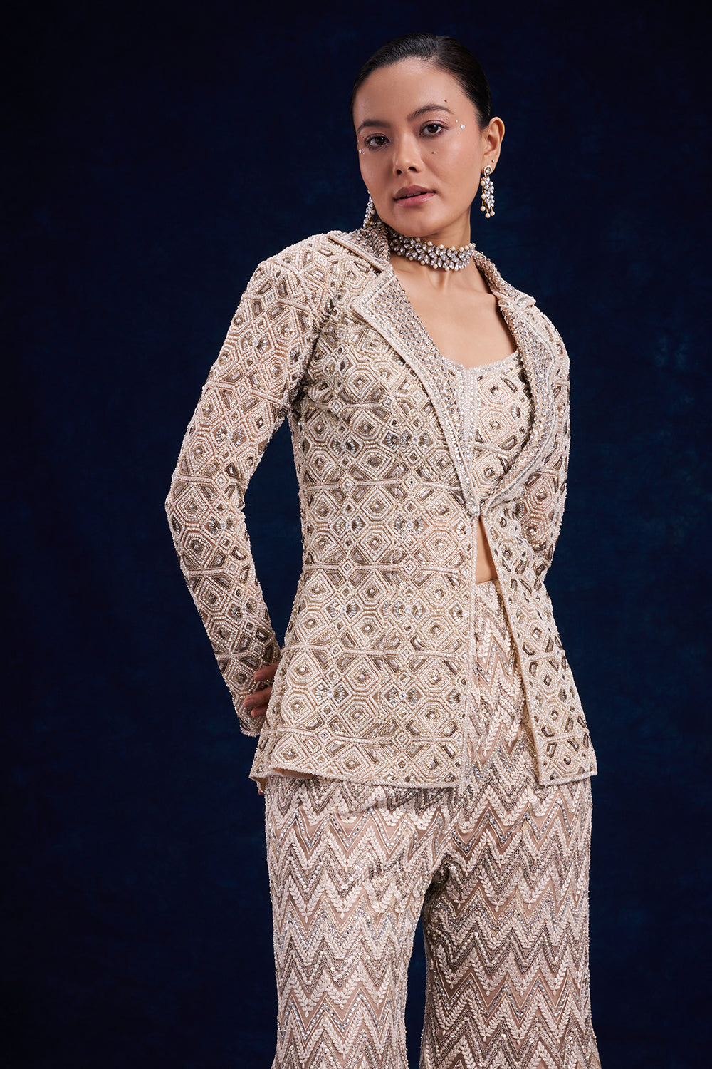 Ivory Gold Net Palazzo with Geometric Cutdana Work