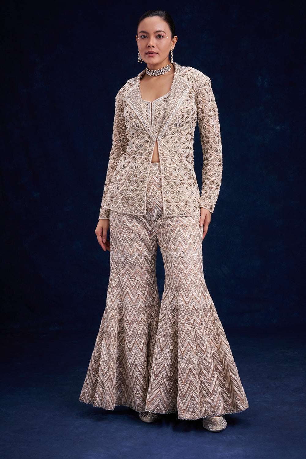 Ivory Gold Net Palazzo with Geometric Cutdana Work