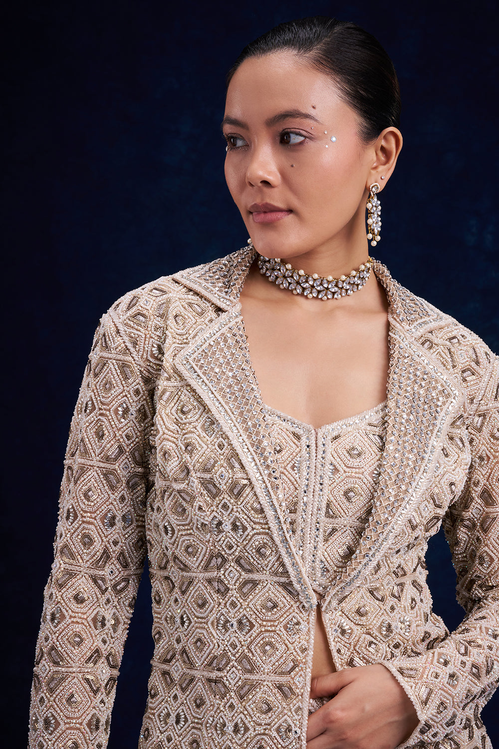 Ivory Gold Net Palazzo with Geometric Cutdana Work
