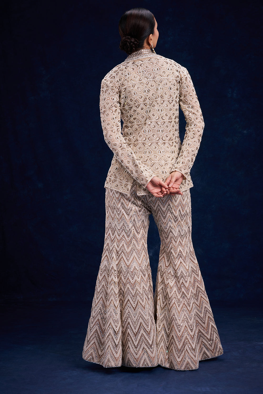 Ivory Gold Net Palazzo with Geometric Cutdana Work