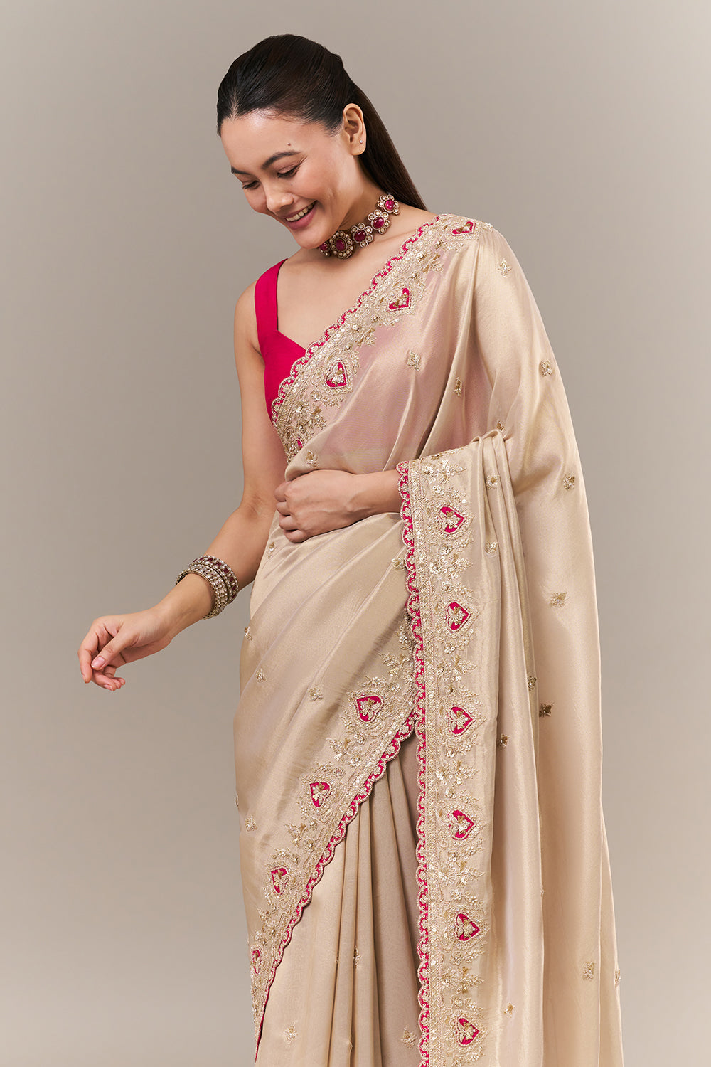 Ivory Gold Tissue Organza Embroidered Saree with Zari and Applique Work