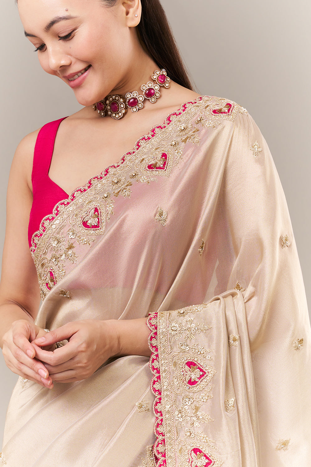 Ivory Gold Tissue Organza Embroidered Saree with Zari and Applique Work