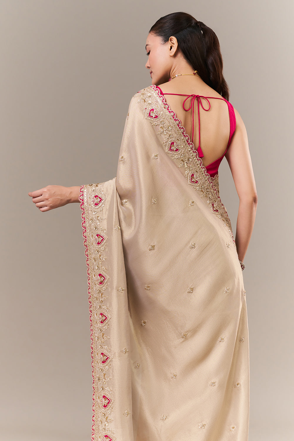Ivory Gold Tissue Organza Embroidered Saree with Zari and Applique Work