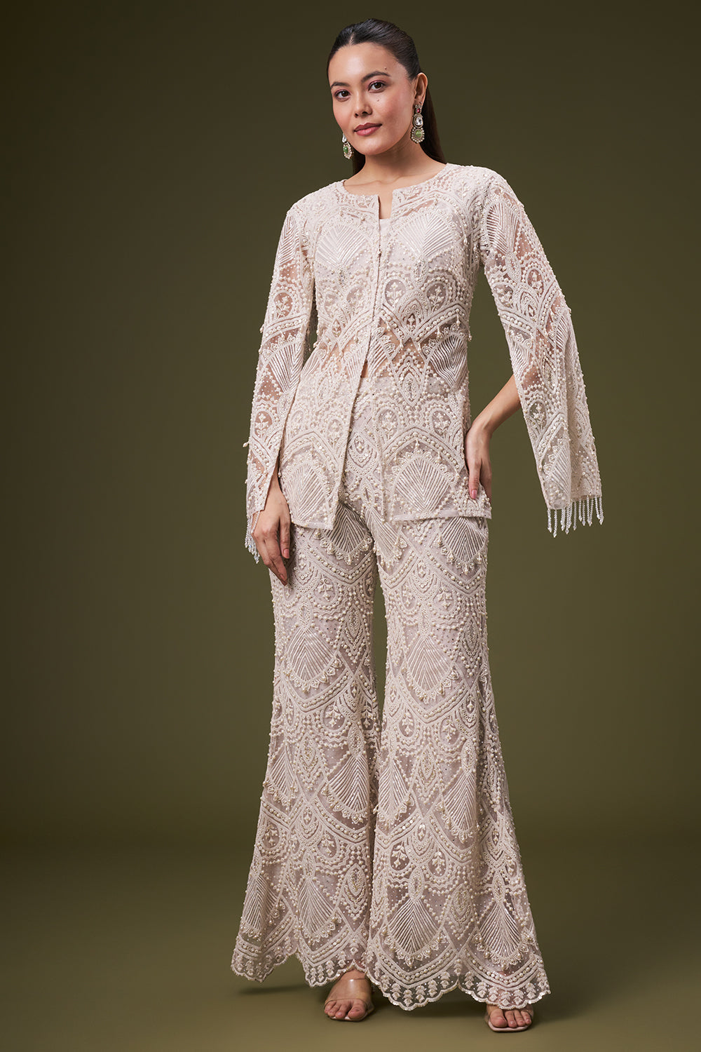 Ivory Net Crop Top Style Suit with Pearl and Sequin Work