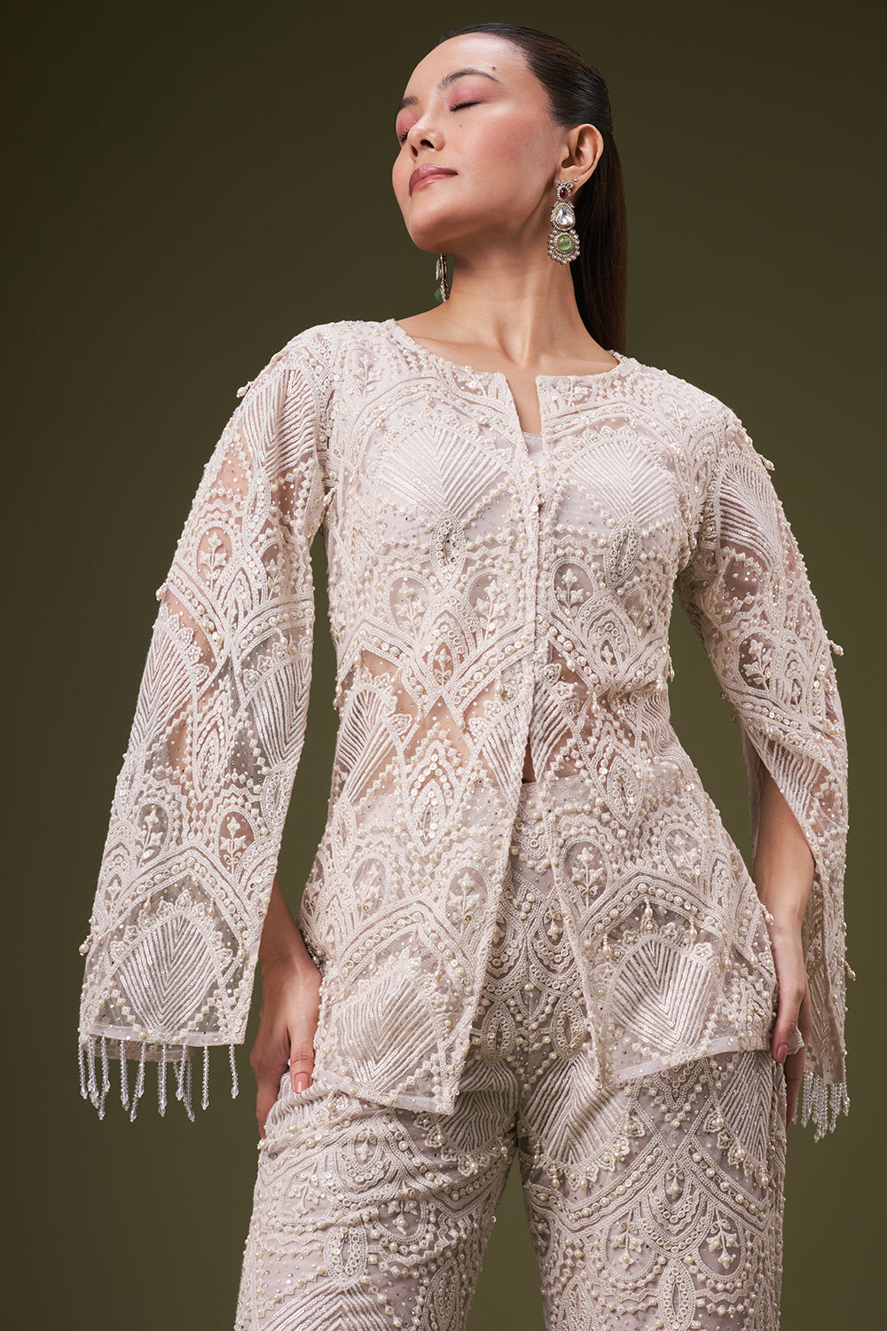 Ivory Net Crop Top Style Suit with Pearl and Sequin Work