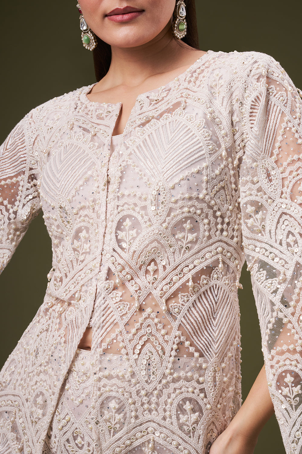 Ivory Net Crop Top Style Suit with Pearl and Sequin Work