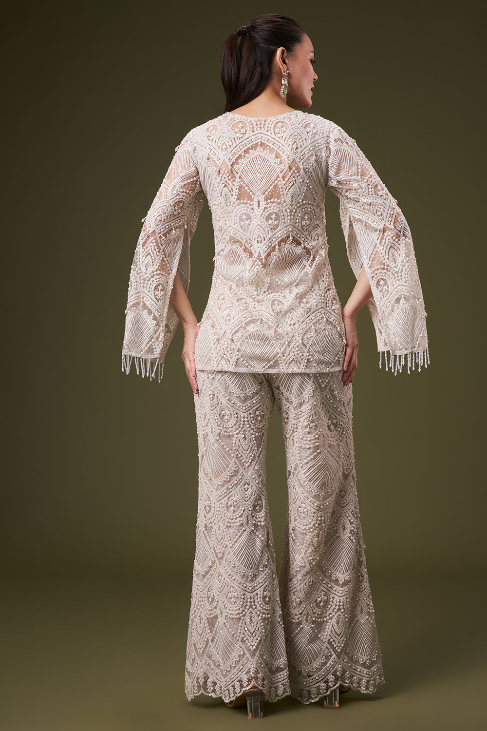 Ivory Net Crop Top Style Suit with Pearl and Sequin Work