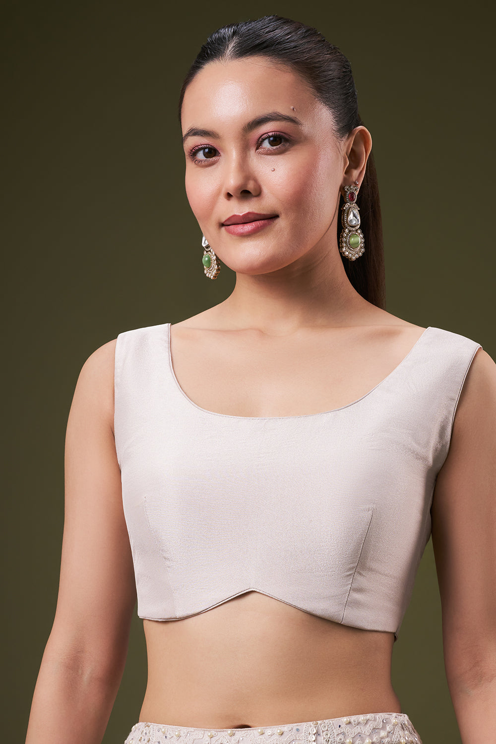 Ivory Net Crop Top Style Suit with Pearl and Sequin Work