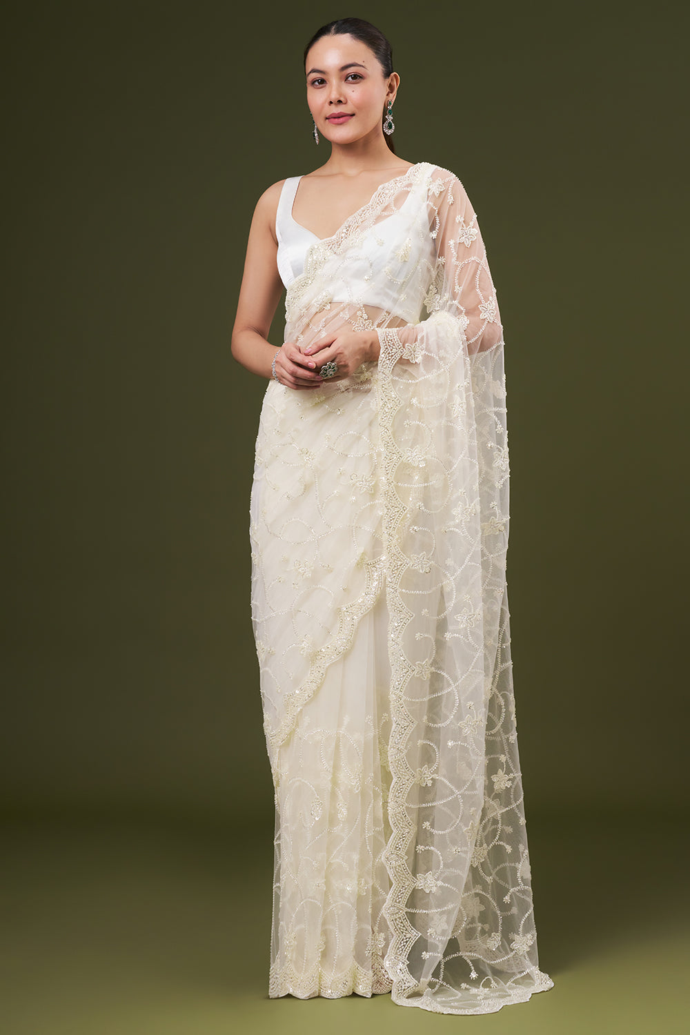 Ivory Net Embroidered Saree with Sequins and Cutdana Work