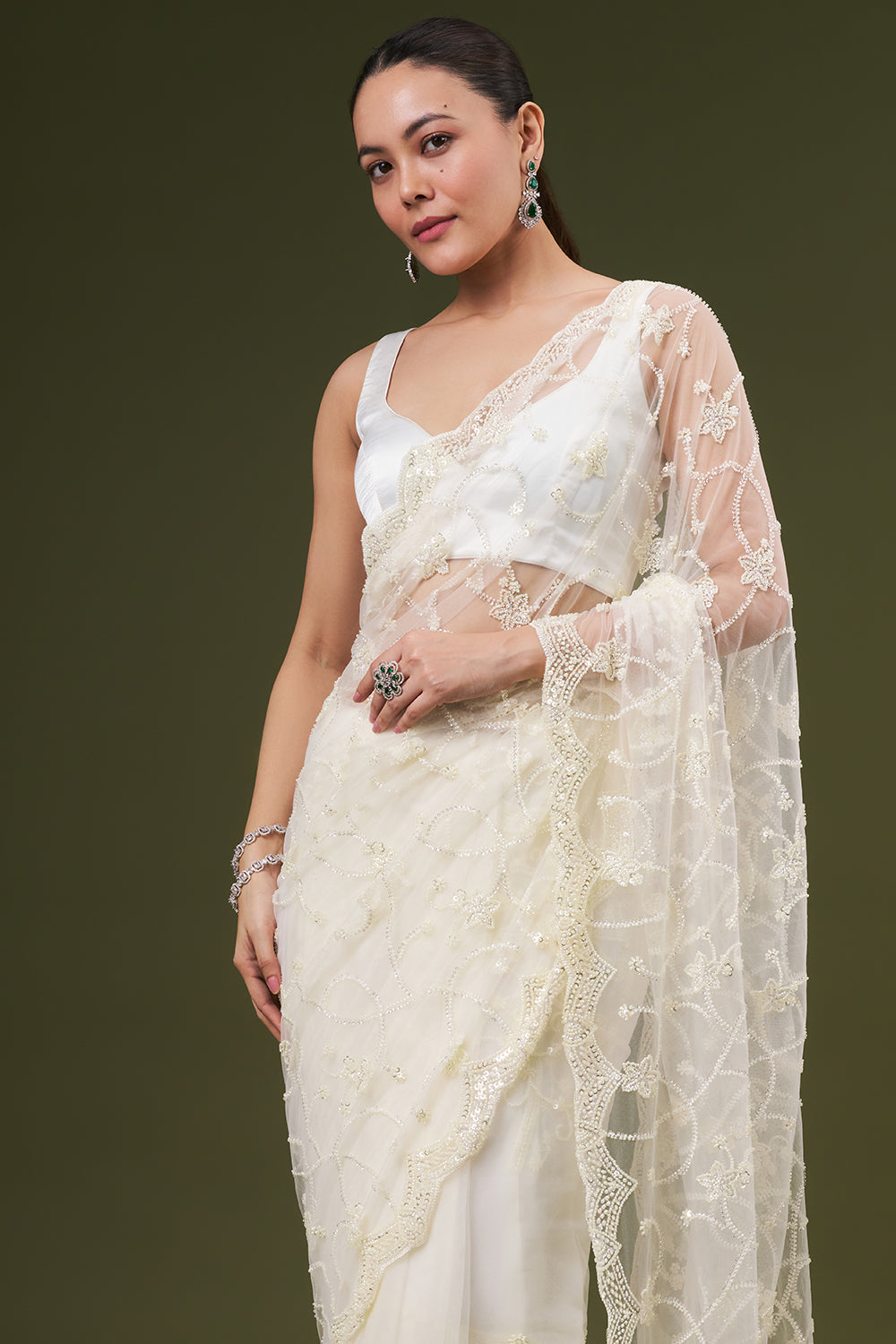 Ivory Net Embroidered Saree with Sequins and Cutdana Work