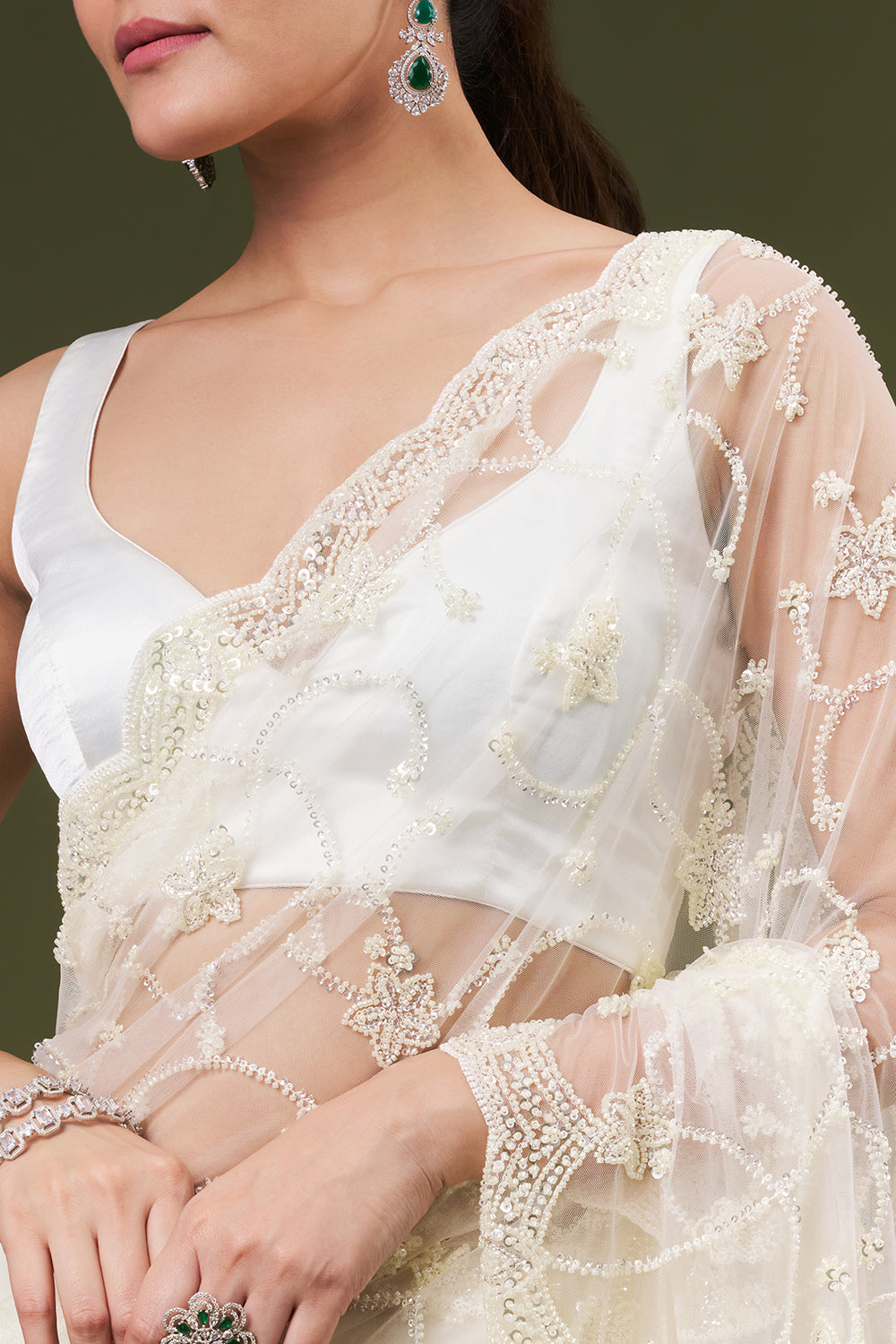 Ivory Net Embroidered Saree with Sequins and Cutdana Work