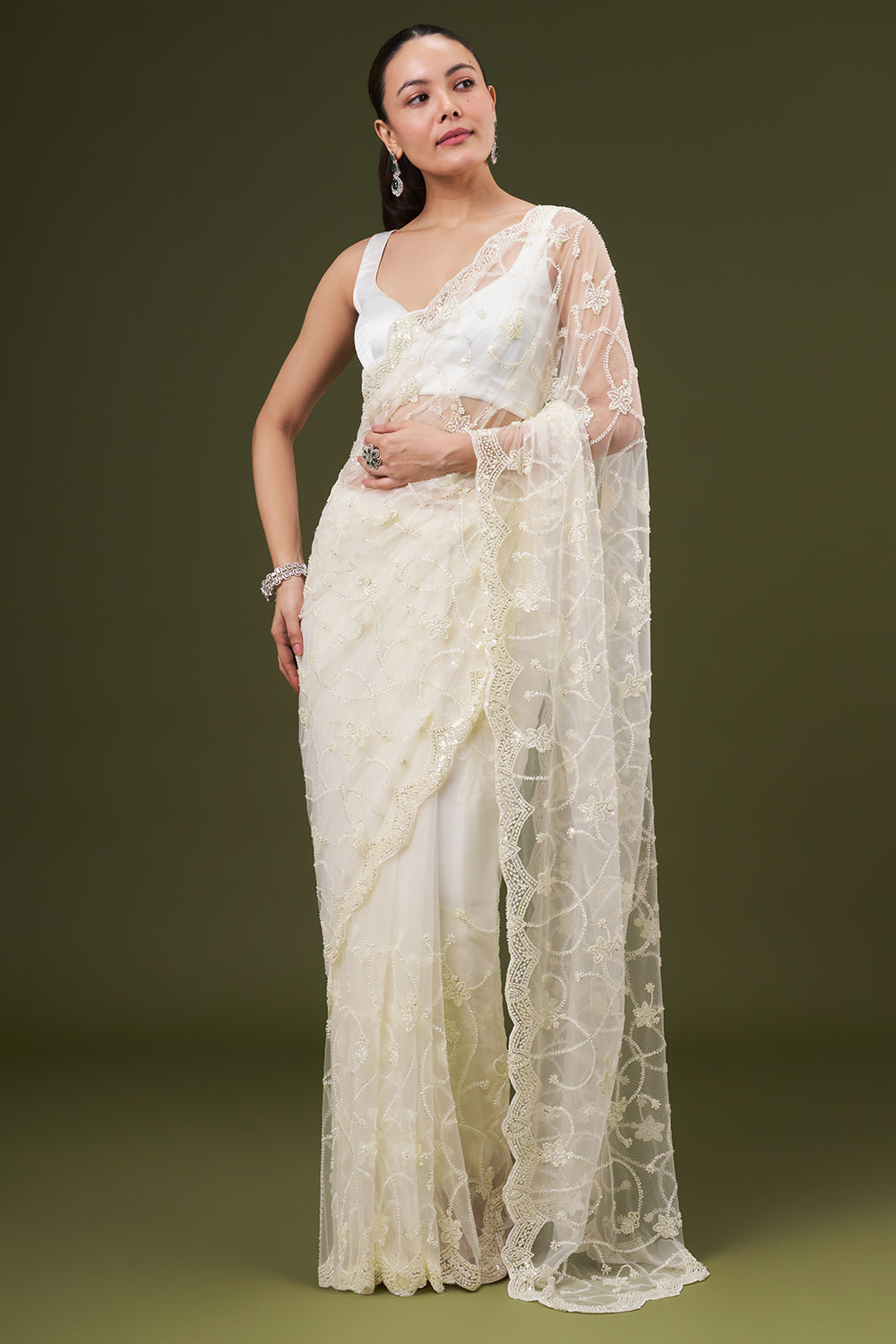 Ivory Net Embroidered Saree with Sequins and Cutdana Work