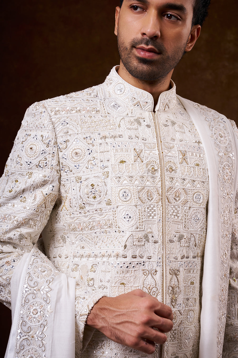 Ivory Nokia Silk Groom’s Sherwani with Mirror Work