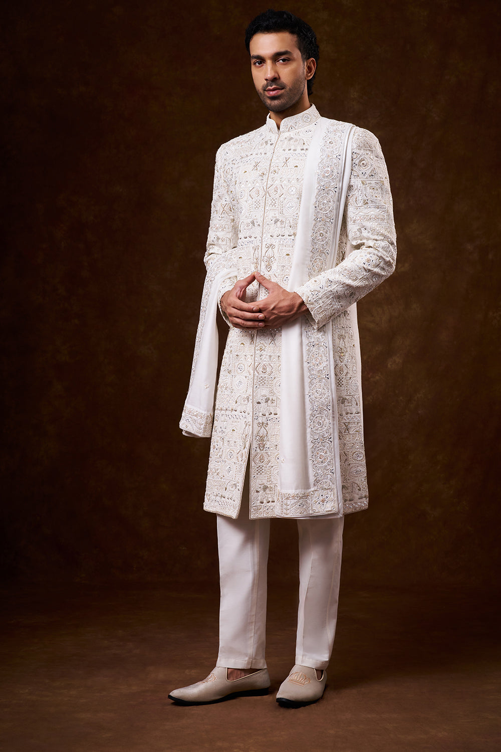 Ivory Nokia Silk Groom’s Sherwani with Mirror Work