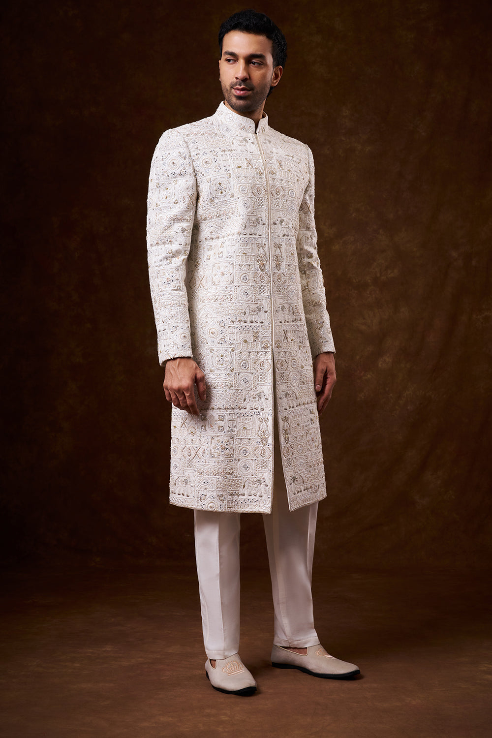 Ivory Nokia Silk Groom’s Sherwani with Mirror Work