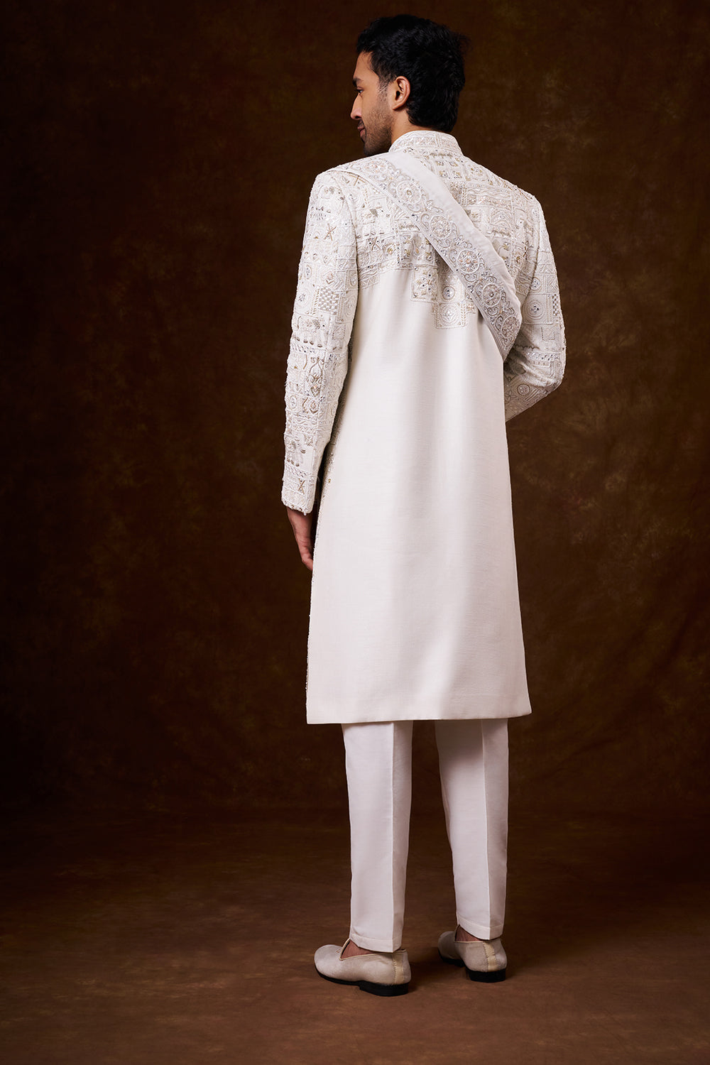 Ivory Nokia Silk Groom’s Sherwani with Mirror Work