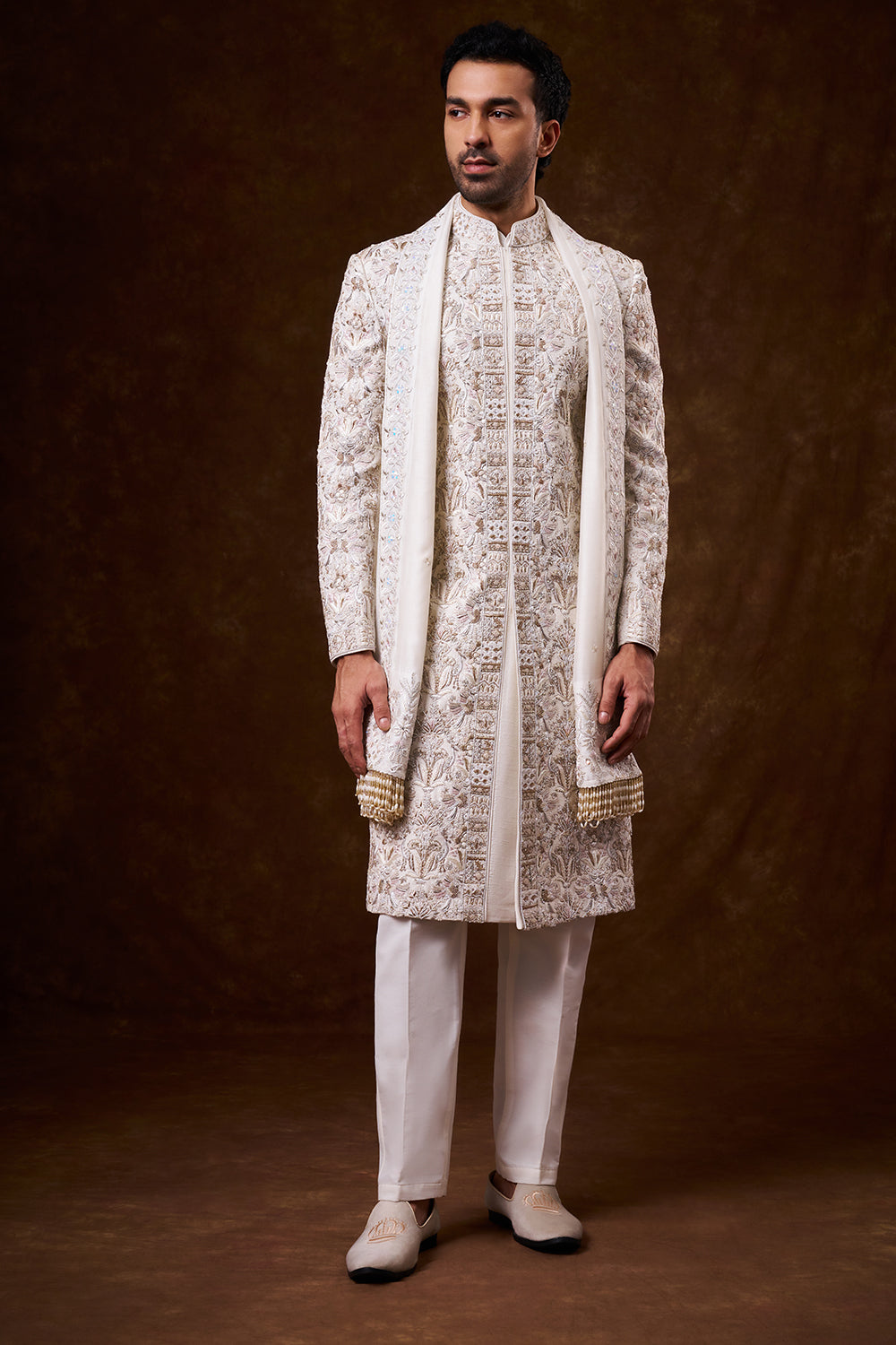 Ivory Nokia Silk Groom’s Sherwani with Zardozi Work