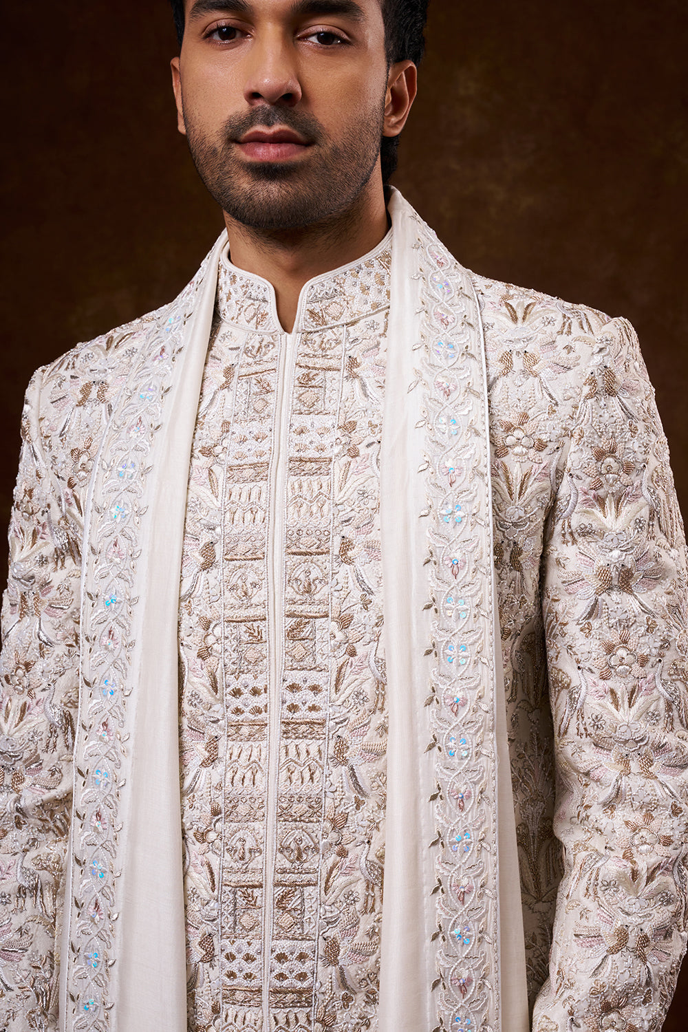 Ivory Nokia Silk Groom’s Sherwani with Zardozi Work