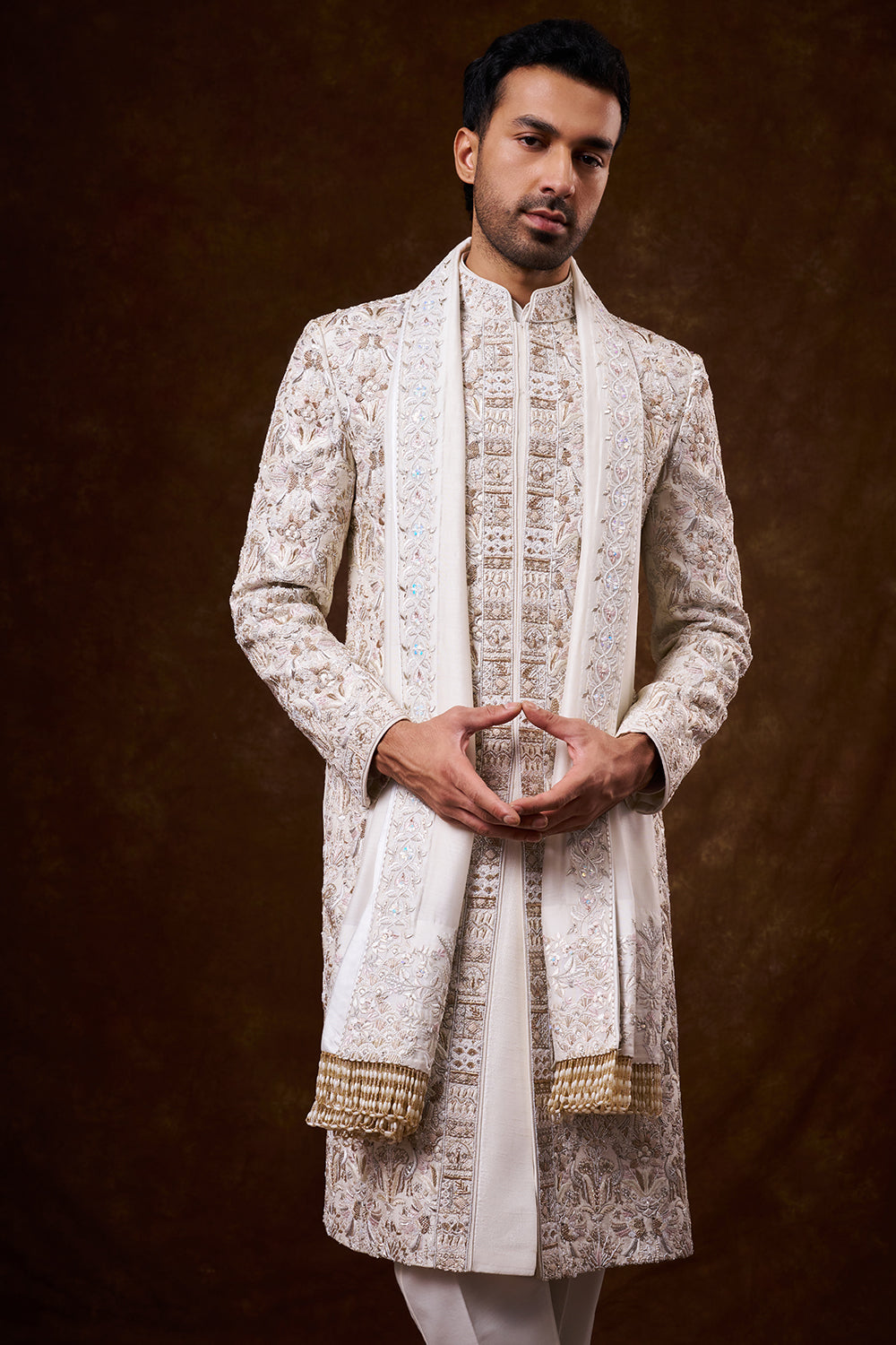 Ivory Nokia Silk Groom’s Sherwani with Zardozi Work