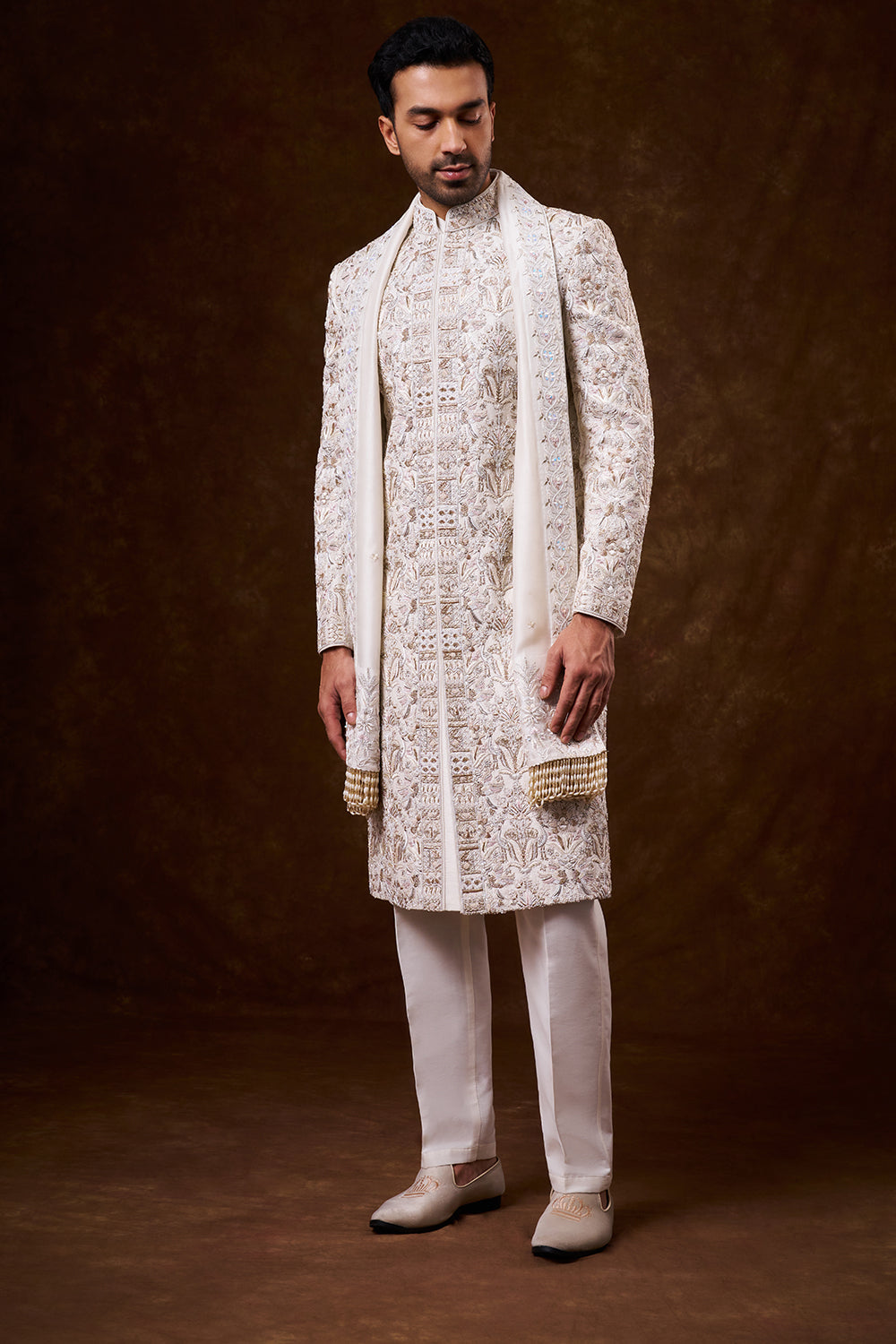 Ivory Nokia Silk Groom’s Sherwani with Zardozi Work