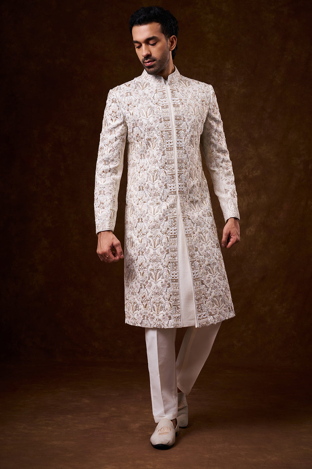 Ivory Nokia Silk Groom’s Sherwani with Zardozi Work