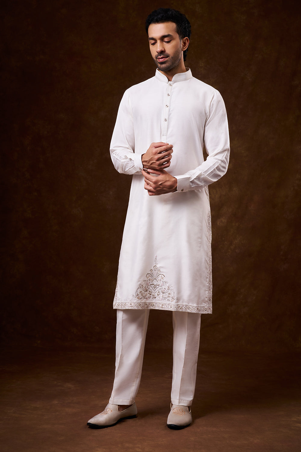 Ivory Nokia Silk Groom’s Sherwani with Zardozi Work